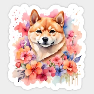 A shiba inu decorated with beautiful watercolor flowers Sticker